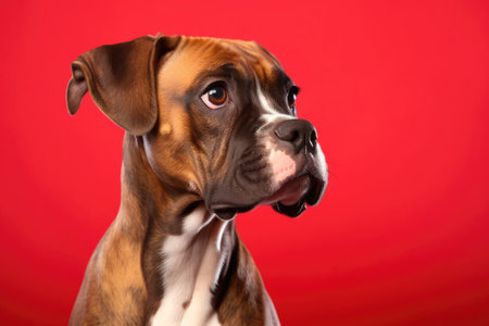 A sweet and apologetic-looking Boxer dog with a fawn coat and expressive eyes against a deep red backdrop.の素材