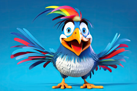 A colorful Puffin with a clown-like face and bright beak holding fish against a sea-blue backdrop.の素材