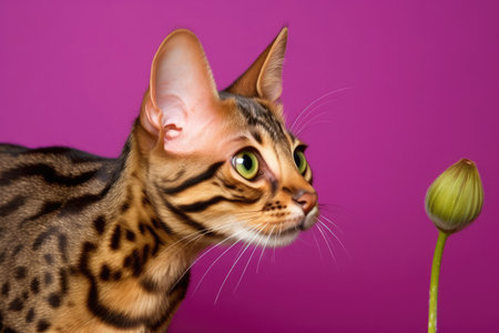 A curious Bengal cat with a leopard-like coat and bright green eyes exhibits a playful curiosity.の素材
