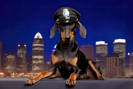 A Doberman looking brave with a police hat against a night cityscape backdrop.の素材