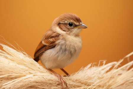 A timid Sparrow with fluffy brown plumage and round eyes looking back over its shoulder against a wheat-colored backdrop.の素材