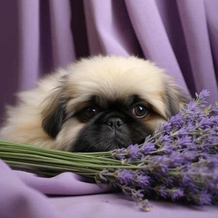 "A shy Pekingese hides its face in a delicate setting."の素材