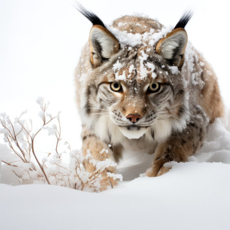 A mysterious lynx silently moves through a snowy landscape.の素材