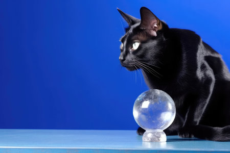 A Bombay Cat looking mysterious with a crystal ball against a twilight blue backdrop.の素材