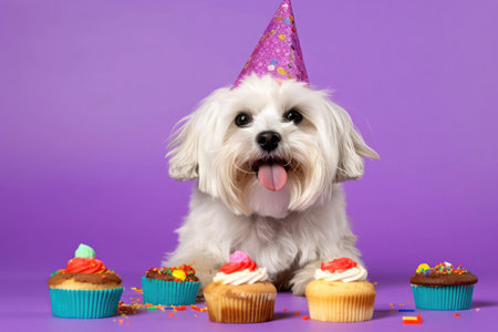 A cute Maltese dog wearing a cupcake birthday hat against a celebratory backdrop.の素材