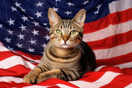 A festive American Shorthair cat poses with a miniature flag against a patriotic backdrop.の素材