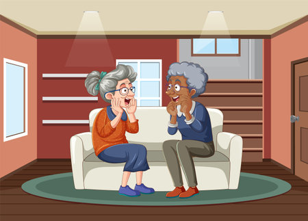 An elderly friend of a different race is talking about an exciting topic at homeのイラスト素材