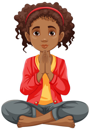 A woman with brown skin sits in meditation, praying with her eyes openのイラスト素材