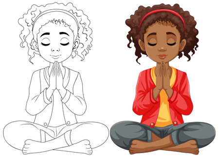 A woman with brown skin and curly hair sitting in meditationのイラスト素材