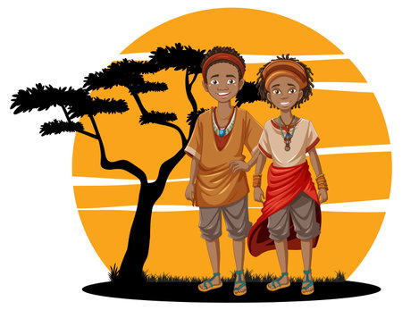 Vector cartoon illustration of an African couple in traditional dress standing in a savanna backgroundのイラスト素材