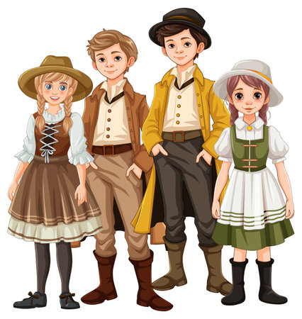 Cartoon characters dressed in vintage Victorian German Bavarian clothes for a partyのイラスト素材