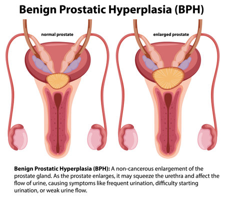 Cartoon-style infographic illustrating male benign prostatic hyperplasiaのイラスト素材