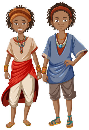 A cartoon illustration of a couple wearing traditional African clothingのイラスト素材