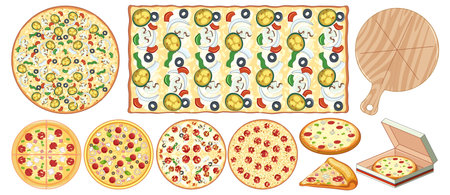 Colorful cartoon-style vector illustration of a set of Italian pizzasのイラスト素材