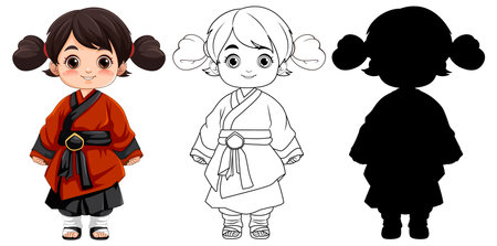 A charming Asian girl wearing a traditional dress in a vector cartoon styleのイラスト素材