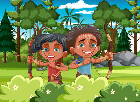 A vector cartoon illustration of indigenous people hunting in a forest using arrowsのイラスト素材