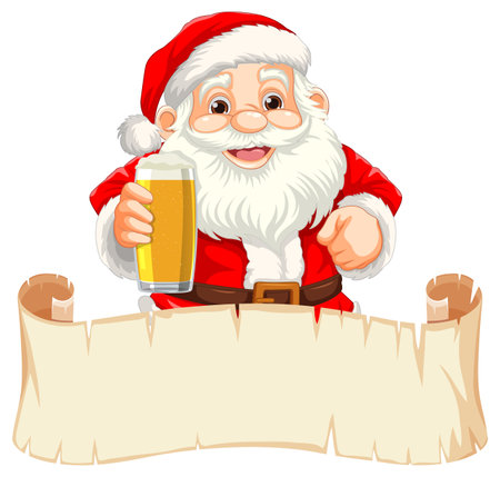 Jolly Santa Claus enjoying a beer while holding an empty paper rollのイラスト素材