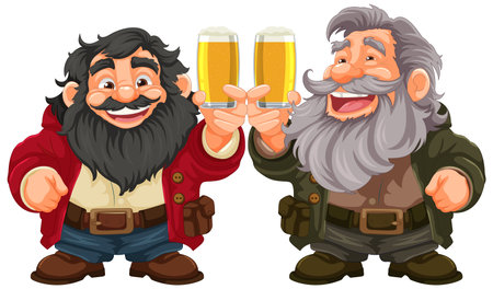 A group of old friends with beards and mustaches celebrate while drinking pints of beerのイラスト素材