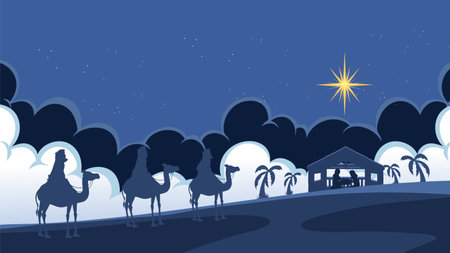 Vector cartoon illustration of people riding camels in the biblical scene of Jesus' birthのイラスト素材