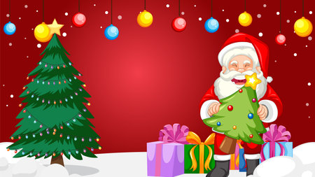 A cheerful Santa delivering gifts and decorations on a festive red Christmas background borderのイラスト素材
