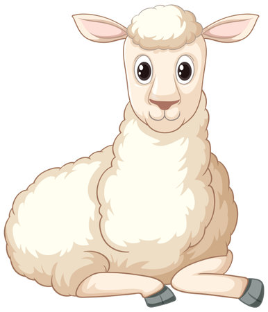 A cute and lively white sheep in a cartoon illustration style, sitting and laying downのイラスト素材