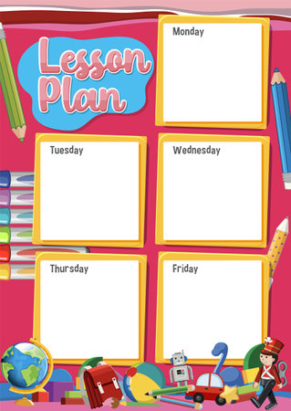 Weekly lesson plan template schedule with a background of children's toys and learning toolsのイラスト素材