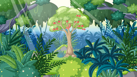 A vibrant jungle scene featuring an apple tree in the center, with a mischievous snake coiled around one of its branchesのイラスト素材