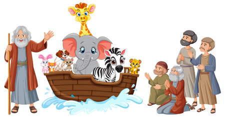 A set of adorable cartoon characters illustrating the Noah's Ark Bible storyのイラスト素材