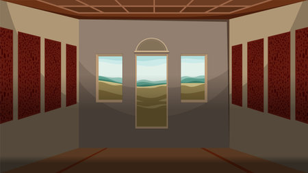 An atmospheric illustration of a large, dimly lit hall with a lofty ceilingのイラスト素材