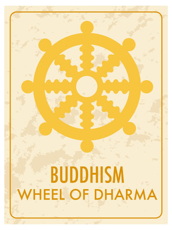A vibrant yellow card featuring the Wheel of Dharma, a significant Buddhist symbolのイラスト素材