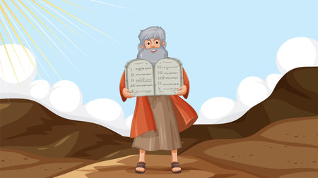 Illustration of Moses holding Ten Commandments from religious Bible story