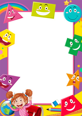 A border frame template featuring a female student and Maths geometric shapes cartoon with facial expressionのイラスト素材