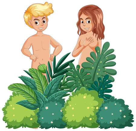 Illustration of Adam and Eve in a biblical sceneのイラスト素材