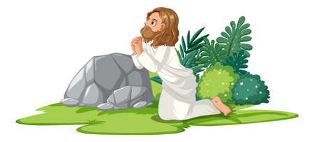 A vector cartoon illustration of Jesus Christ in prayer with an angelのイラスト素材