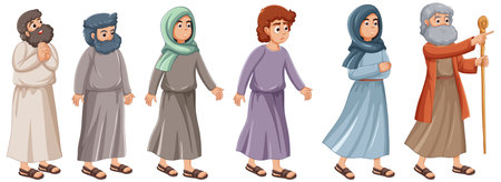 Vector cartoon illustration of ancient Muslim people walking from religious Moses Bible storyのイラスト素材