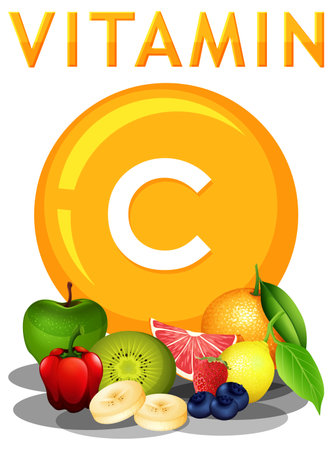 A colorful vector illustration showcasing vitamin C-rich fruits and vegetablesのイラスト素材