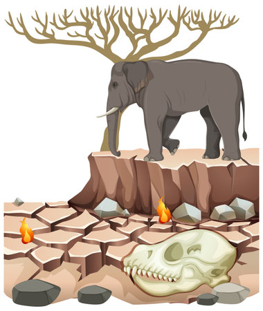 Illustration of a barren land with an elephant and a skullのイラスト素材