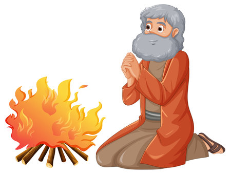 Illustration of an ancient man sitting on his knee, praying in front of a campfireのイラスト素材