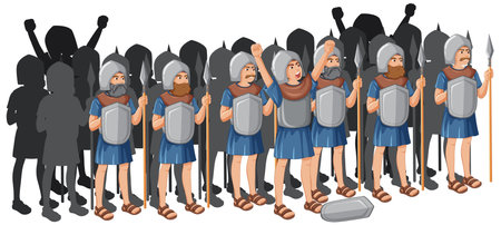 A group of ancient knights in a cartoon illustration style, armed with spears and shieldsのイラスト素材