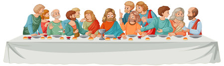 A lively scene depicting Jesus Christ's final meal with many people gathered around a dining tableのイラスト素材