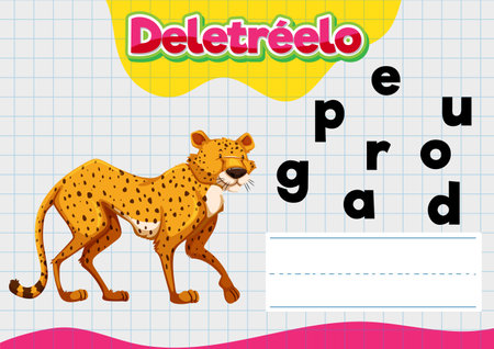 Educational picture of a cheetah-themed spelling worksheet in Spanishのイラスト素材