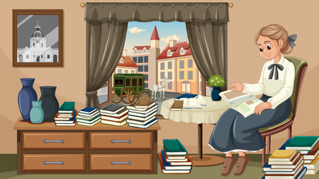 Marie Curie, a woman cartoon character, studying in a living room surrounded by numerous books on the shelfのイラスト素材