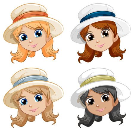 Four beautiful women wearing vintage hats in a vector cartoon illustrationのイラスト素材