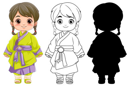 A charming Asian girl wearing a traditional dress in a vector cartoon styleのイラスト素材