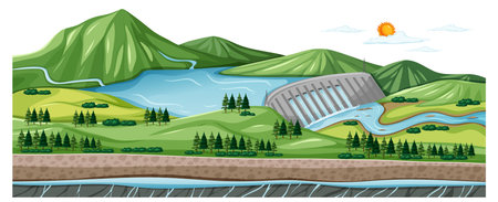 A scenic countryside panorama featuring a mountain river damのイラスト素材