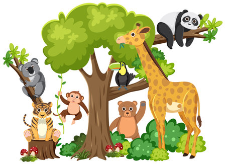 Wild animals happily living together in a vector cartoon forestのイラスト素材