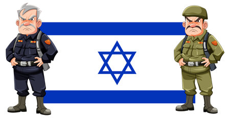 Illustration of a proud Israeli soldier standing beside the national flagのイラスト素材