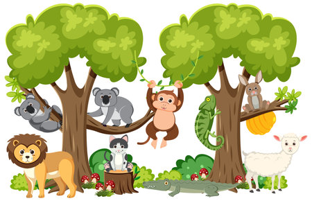 Wild animals living together happily in a secluded forestのイラスト素材