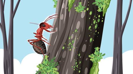 A cartoon ant carrying fungi walks on a tree against a sky backgroundのイラスト素材