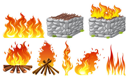 A collection of vector illustrations depicting bonfires in a cartoon-like aestheticのイラスト素材
